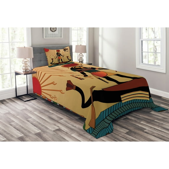 Ambesonne Egyptian Quilted Bedspread Set 2 Pcs, Design Eye and Boat Theme, Twin Size, Multicolor