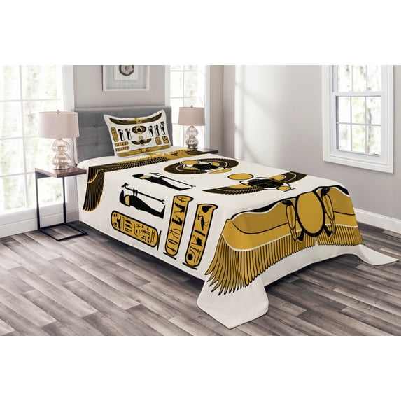 Ambesonne Egyptian Quilted Bedspread Set 2 Pcs, Mythical, Twin Size, Yellow Black