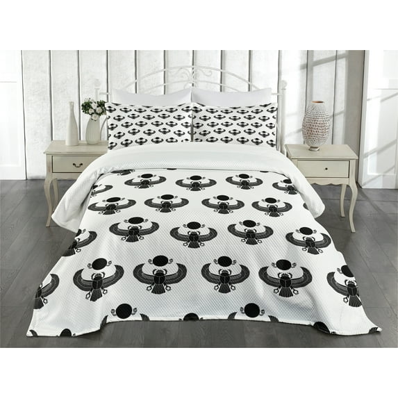 Ambesonne Egyptian Quilted Bedspread Set 3 Pcs, Beetle Bug, Queen Size, Black White