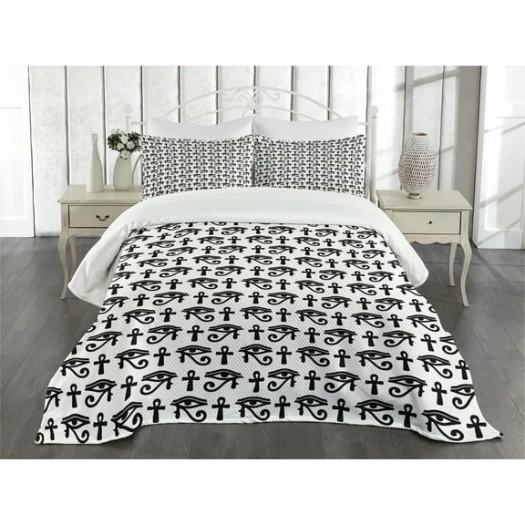 Ambesonne Egyptian Quilted Bedspread Set 3 Pcs, Hieroglyphic Pattern, King Size, Black and White