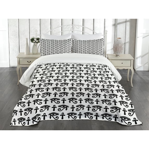 Ambesonne Egyptian Quilted Bedspread Set 3 Pcs, Hieroglyphic Pattern, Queen Size, Black and White