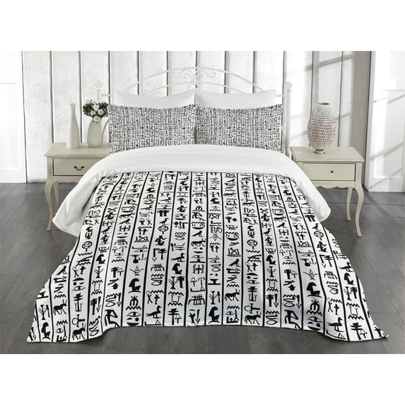 Ambesonne Egyptian Quilted Bedspread Set 3 Pcs, Hieroglyphics Language, Queen Size, Black White