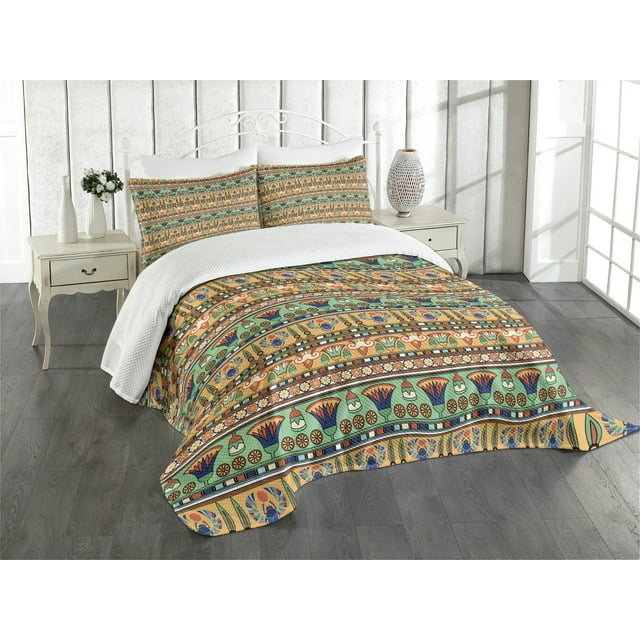 Ambesonne Egyptian Quilted Bedspread Set 3 Pcs, Lily Scarab, King Size, Multicolor