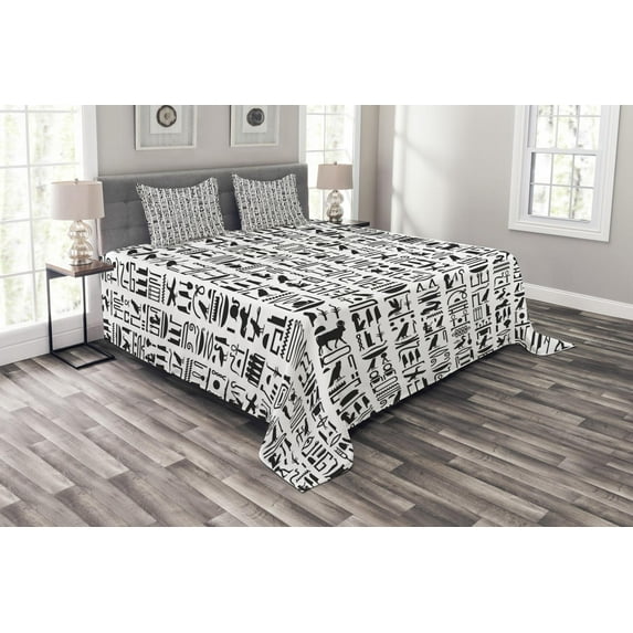 Ambesonne Egyptian Quilted Bedspread Set 3 Pcs, Monochrome Hieroglyphs, King Size, Black White