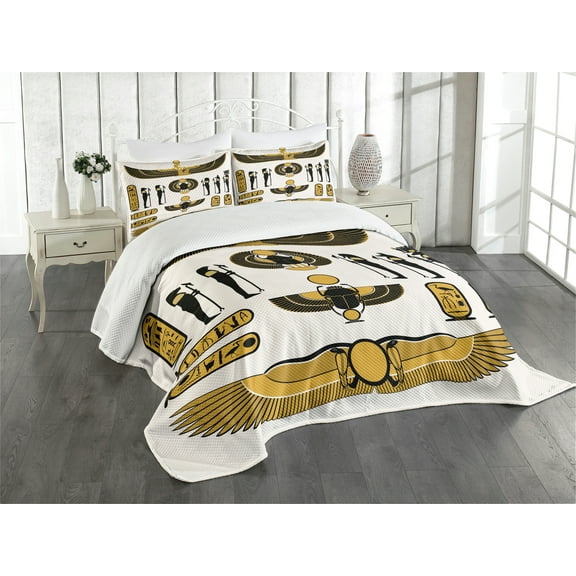 Ambesonne Egyptian Quilted Bedspread Set 3 Pcs, Mythical, King Size, Yellow Black