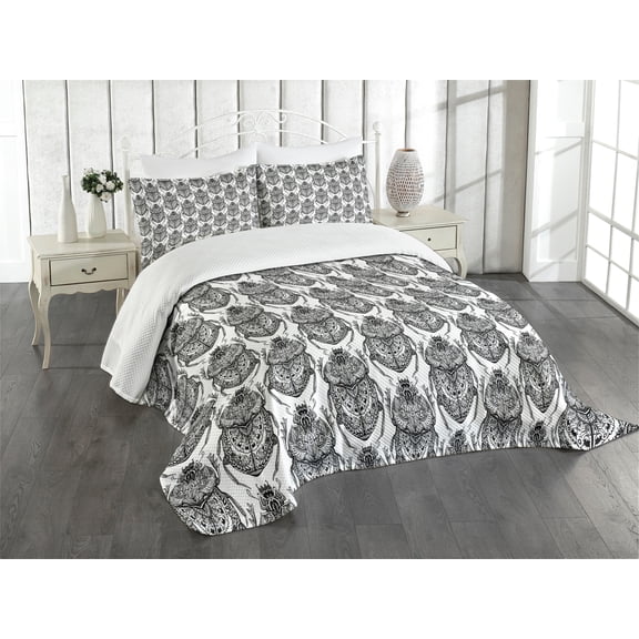Ambesonne Egyptian Quilted Bedspread Set 3 Pcs, Mythological Scarabs, Queen Size, Black White