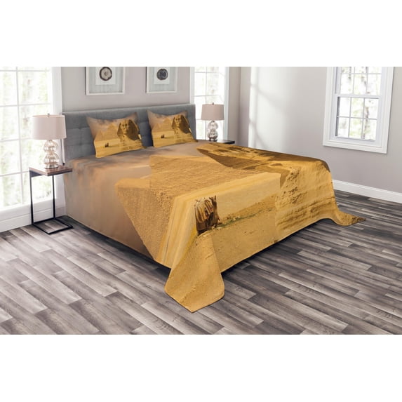 Ambesonne Egyptian Quilted Bedspread Set 3 Pcs, Sphinx Old Face, King Size, Amber Sand Brown