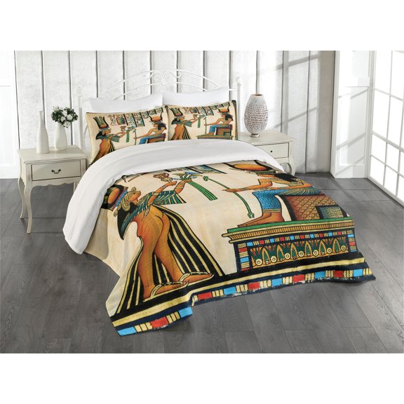 Ambesonne Egyptian Quilted Coverlet 3 Pcs, Old Egyptian Papyrus, Queen Size, Multicolor