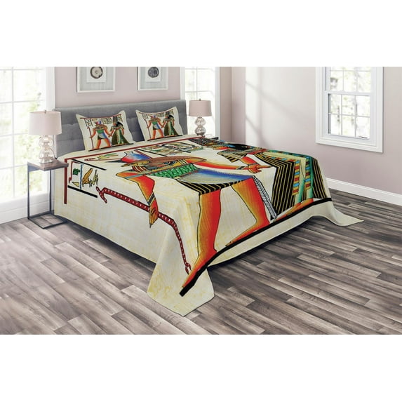 Ambesonne Egyptian Quilted Coverlet 3 Pcs, Papyrus Building, King Size, Multicolor