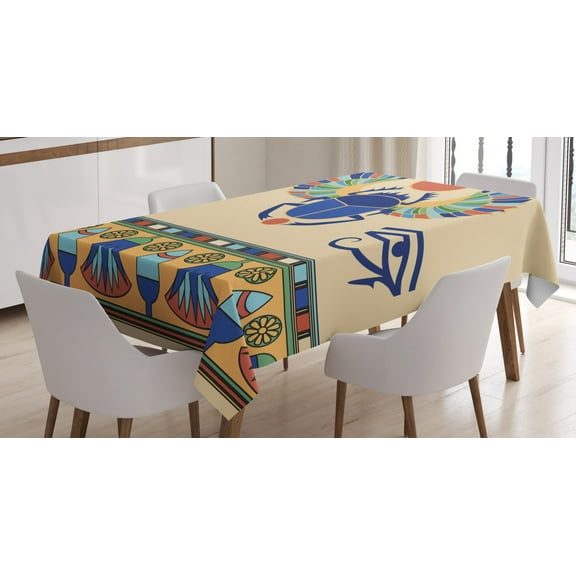 Ambesonne Egyptian Tablecloth Rectangular Table Cover, Scarab Eye Motif, 60"x90", Multicolor