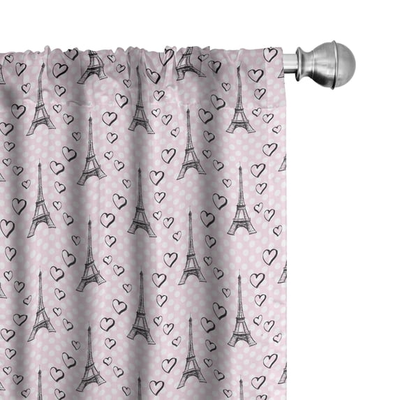 Ambesonne Eiffel Window Curtains, Polka Dots Hearts, Each 28" W x 84" L, Pale Pink Black White