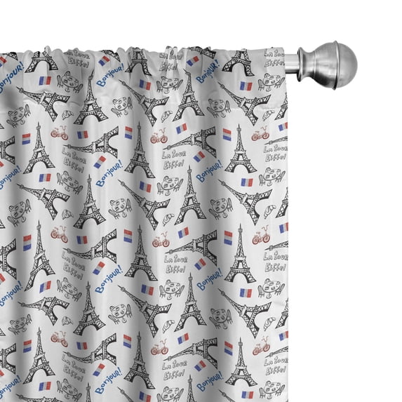 Ambesonne Eiffel Curtains, French Doodle Art, Pair of 28"x63", Blue Black Red