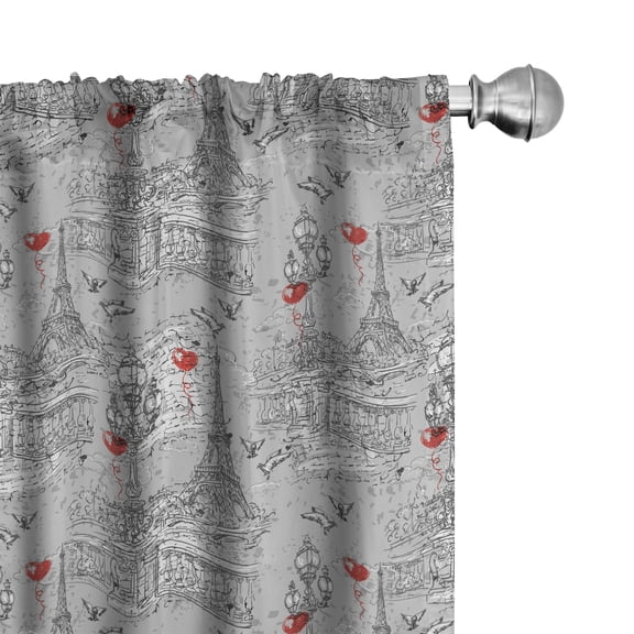 Ambesonne Eiffel Curtains, River Seine and Doves, Pair of 28"x95", Black Grey and Red