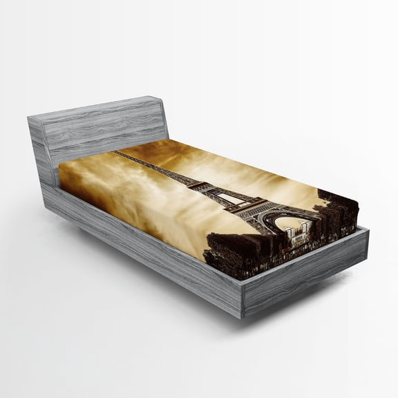 Ambesonne Eiffel Fitted Sheet, Paris France Brown Skies, Twin XL Size, Yellow and Brown