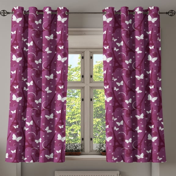 Ambesonne Eiffel Grommet Curtain, Abstract Butterflies, 50" x 63", Violet Plum White