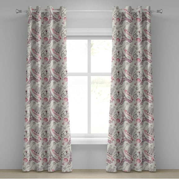 Ambesonne Eiffel Grommet Curtain, Floral Travel, 50" x 96", Rose Black White