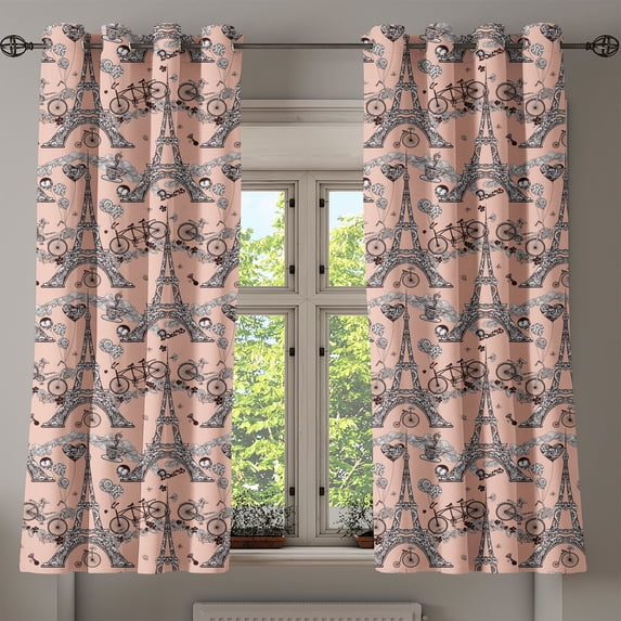 Ambesonne Eiffel Grommet Curtain, Retro Landmark, 50" x 54", Pale Salmon Black White