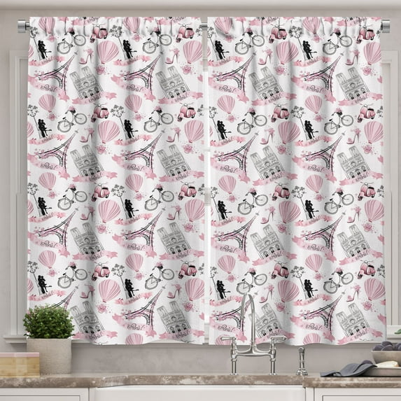 Ambesonne Eiffel Kitchen Curtains, Love in Paris Bridal Pink, 55"x45", Rose Black White