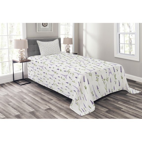 Ambesonne Eiffel Quilted Bedspread Set 2 Pcs, Lavender Flora Spring, Twin Size, Lavender Green White