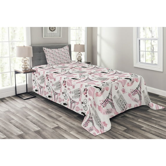 Ambesonne Eiffel Quilted Bedspread Set 2 Pcs, Love in Paris Bridal Pink, Twin Size, Rose Black White