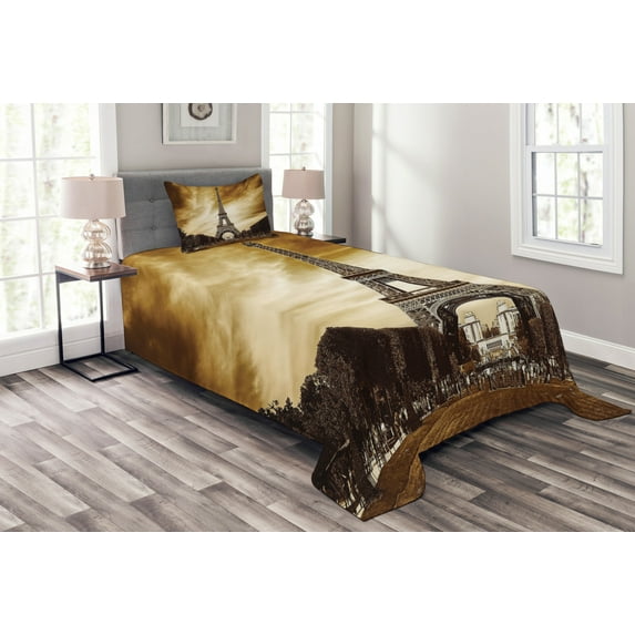 Ambesonne Eiffel Quilted Bedspread Set 2 Pcs, Paris France Brown Skies, Twin Size, Yellow and Brown