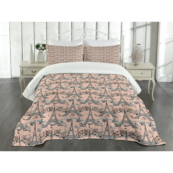 Ambesonne Eiffel Quilted Bedspread Set 3 Pcs, Retro Landmark, King Size, Pale Salmon Black White