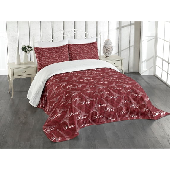 Ambesonne Eiffel Quilted Bedspread Set 3 Pcs, Romantic City of Love, Queen Size, Maroon White Tan