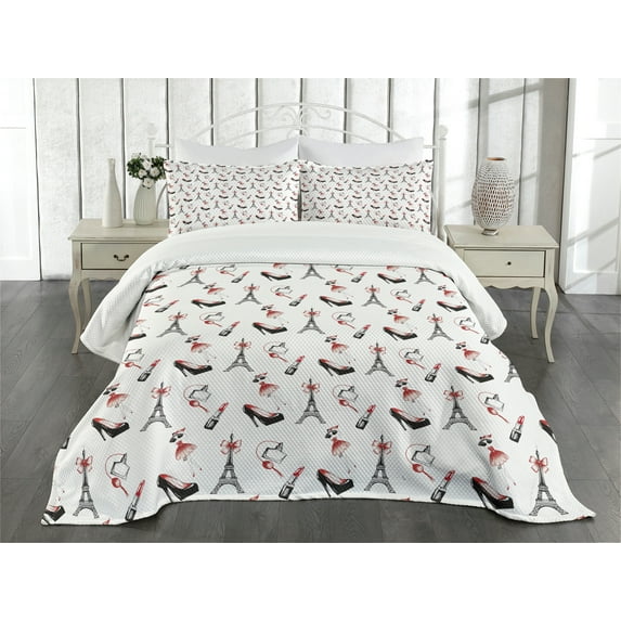 Ambesonne Eiffel Quilted Bedspread Set 3 Pcs, Shoes Lipstick Perfume, King Size, Ruby Black White