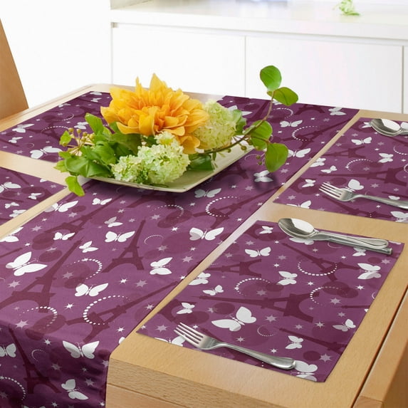 Ambesonne Eiffel Table Runner & Placemats, Abstract Butterflies, Placemat 4 pcs + Runner 12"x72", Violet Plum White