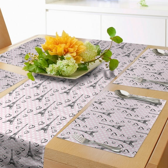 Ambesonne Eiffel Table Runner & Placemats, Polka Dots Hearts, Placemat 4 pcs + Runner 14"x90", Pale Pink Black White