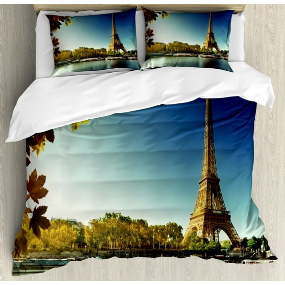 Ambesonne Eiffel Tower Duvet Cover Set, Paris with Tower, 2-Calking, Earth Yellow Green Blue