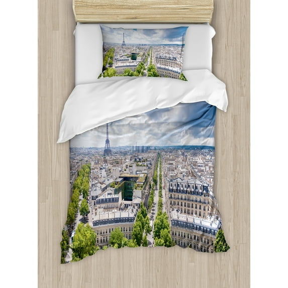 Ambesonne Eiffel Tower Duvet Cover Sets, Aerial View Paris, 2-Twin, Pale Blue Cream Green