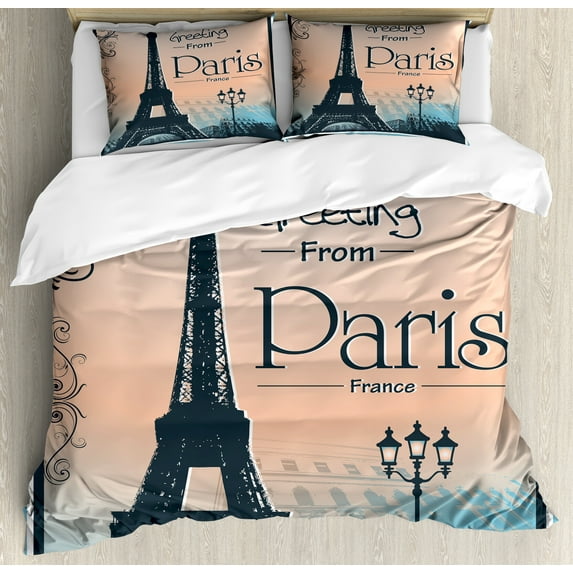 Ambesonne Eiffel Tower Duvet Cover Sets, Greeting from Paris, 2-King, Peach Dark Slate Blue
