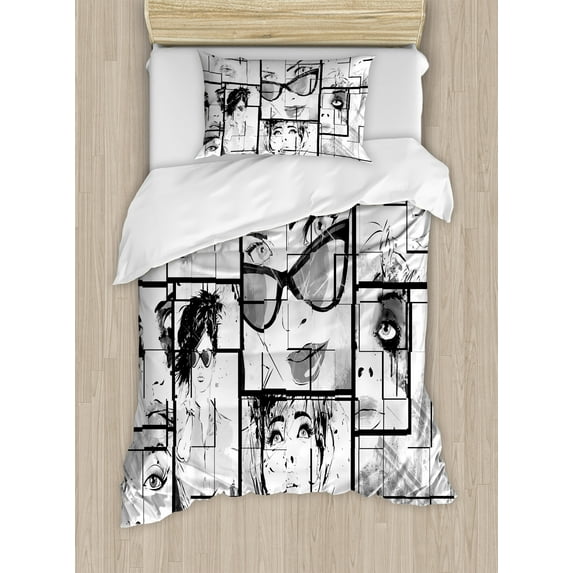 Ambesonne Eiffel Tower Duvet Cover Sets, Modern Paris Girl, 2-Twin, Black White Grey