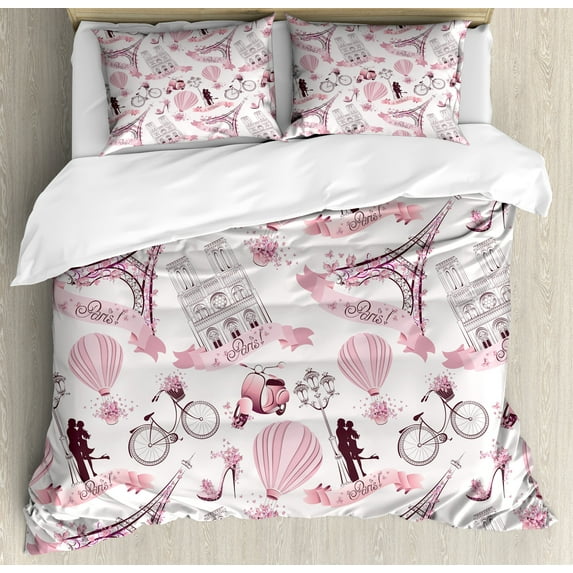 Ambesonne Eiffel Tower Duvet Cover Sets, Paris Honeymoon, 2-King, Pale Pink White