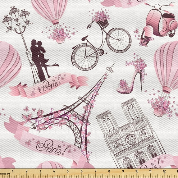 Ambesonne Eiffel Tower Fabric by the Yard Upholstery, Paris Honeymoon, 2 Yards, Pale Pink White