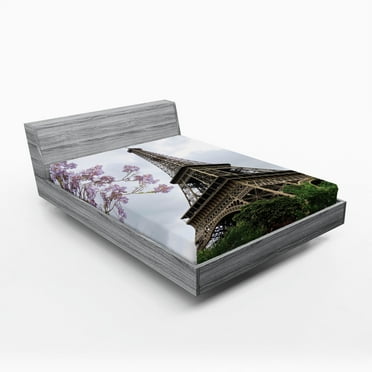 Ambesonne Eiffel Tower Fitted Sheet, Colorful Blossoms, Full Size, Grey Green