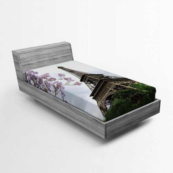 Ambesonne Eiffel Tower Fitted Sheet, Colorful Blossoms, Twin Size, Grey Green