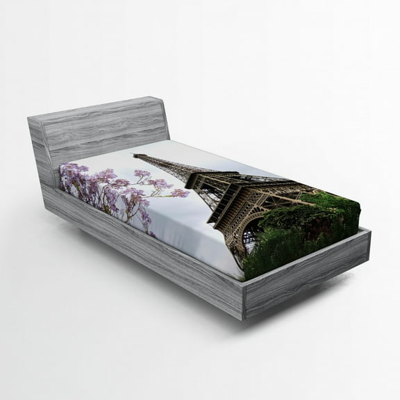 Ambesonne Eiffel Tower Fitted Sheet, Colorful Blossoms, Twin Size, Grey Green