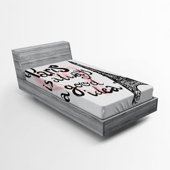 Ambesonne Eiffel Tower Fitted Sheet, Europe Dream Tour, Twin Size, Cream Pink Black