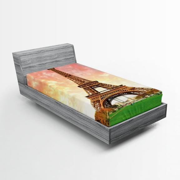 Ambesonne Eiffel Tower Fitted Sheet, European Landmark, Twin XL Size, Coral Brown