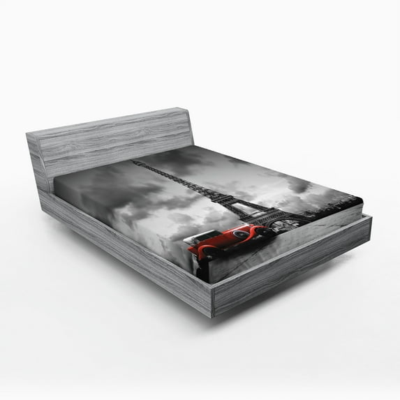 Ambesonne Eiffel Tower Fitted Sheet, French Car Dark Clouds, King Size, Grey Black Red