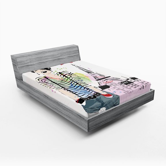 Ambesonne Eiffel Tower Fitted Sheet, Happy Teen Girl, Full Size, Multicolor