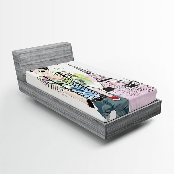 Ambesonne Eiffel Tower Fitted Sheet, Happy Teen Girl, Twin Size, Multicolor