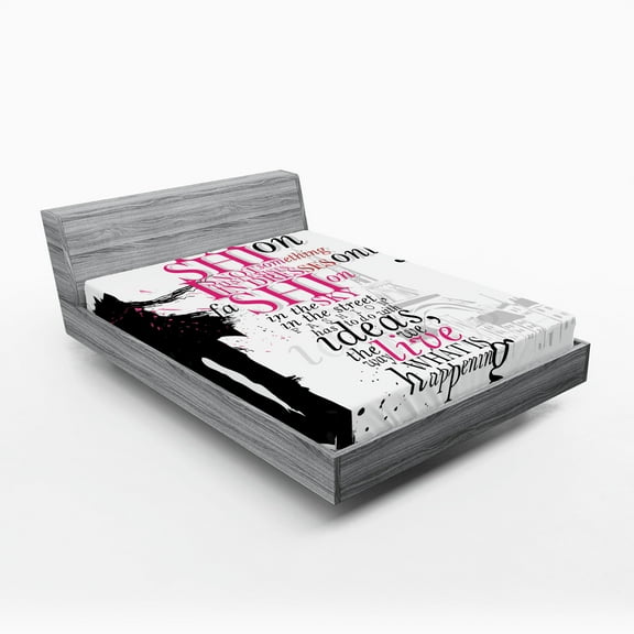 Ambesonne Eiffel Tower Fitted Sheet, Paris Girl Words, Full Size, Black Pink