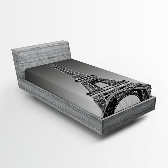 Ambesonne Eiffel Tower Fitted Sheet, Paris Landmark, Twin XL Size, Grey