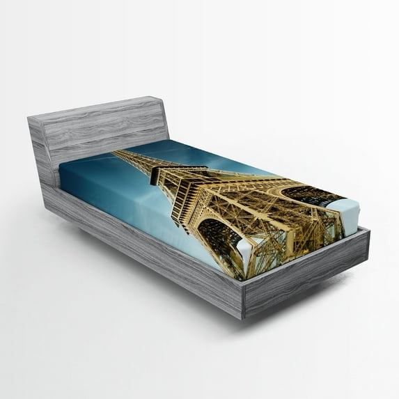 Ambesonne Eiffel Tower Fitted Sheet, Paris Park Skyline, Twin Size, Pale Coffee Pale Blue
