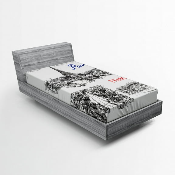 Ambesonne Eiffel Tower Fitted Sheet, Paris Sketch Art, Twin XL Size, Black Cream