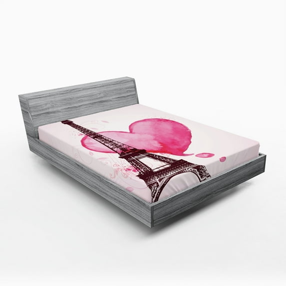 Ambesonne Eiffel Tower Fitted Sheet, Romance Love Art, Queen Size, Fuchsia Brown