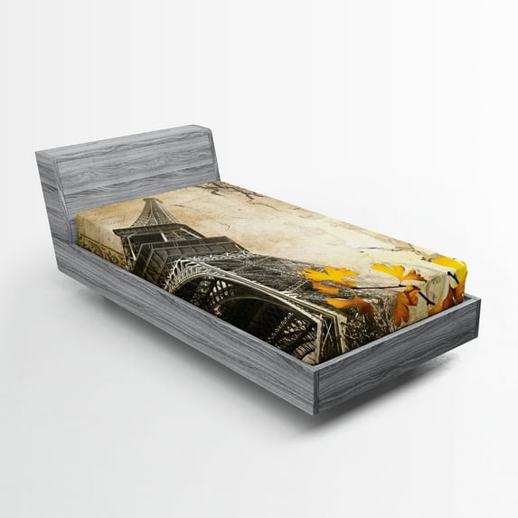 Ambesonne Eiffel Tower Fitted Sheet, Romantic Love Fall, Twin XL Size, Beige Charcoal Grey